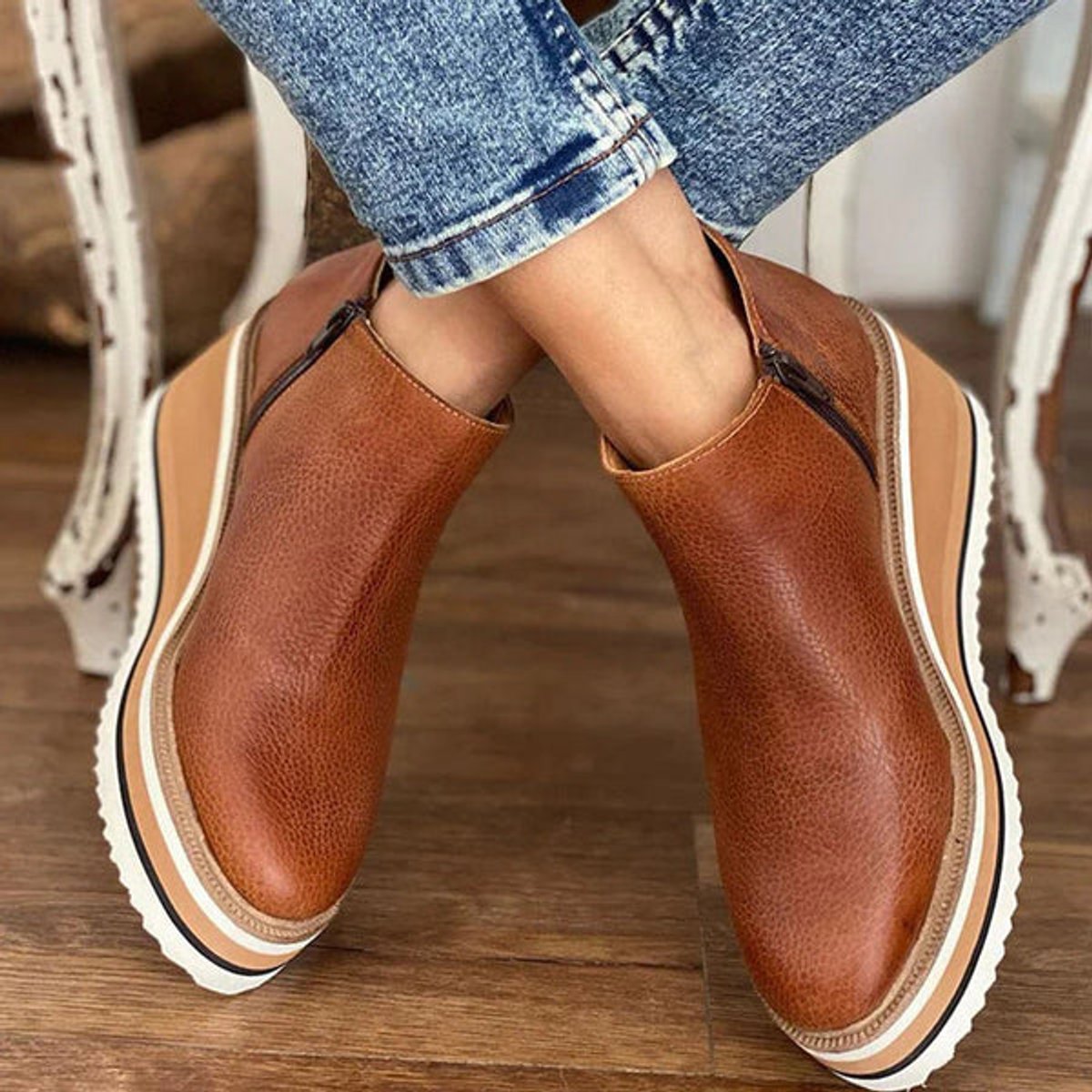 Luna Wedge Platform Zip-Up Ankle Boots, Dark Brown