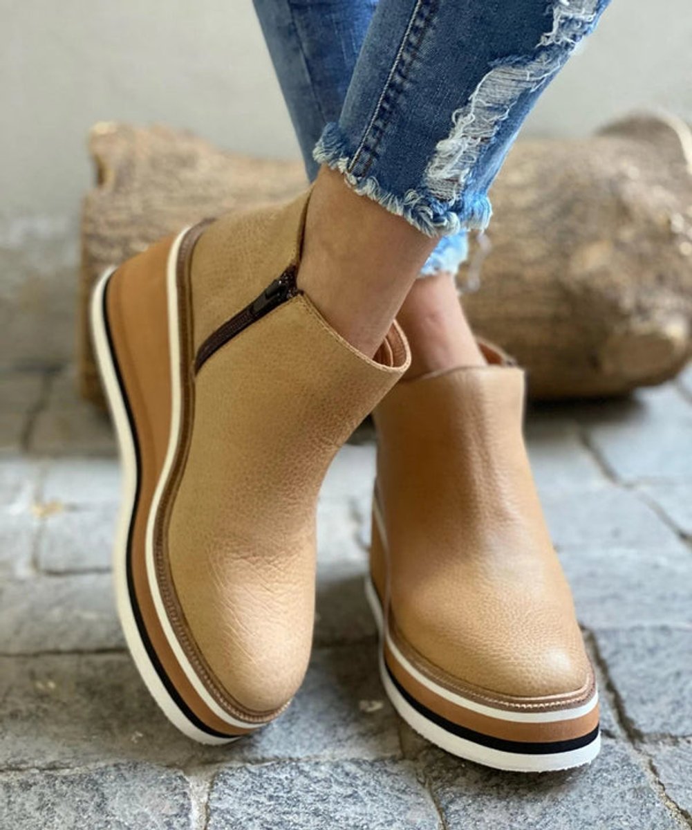 Luna Wedge Platform Zip-Up Ankle Boots, Khaki