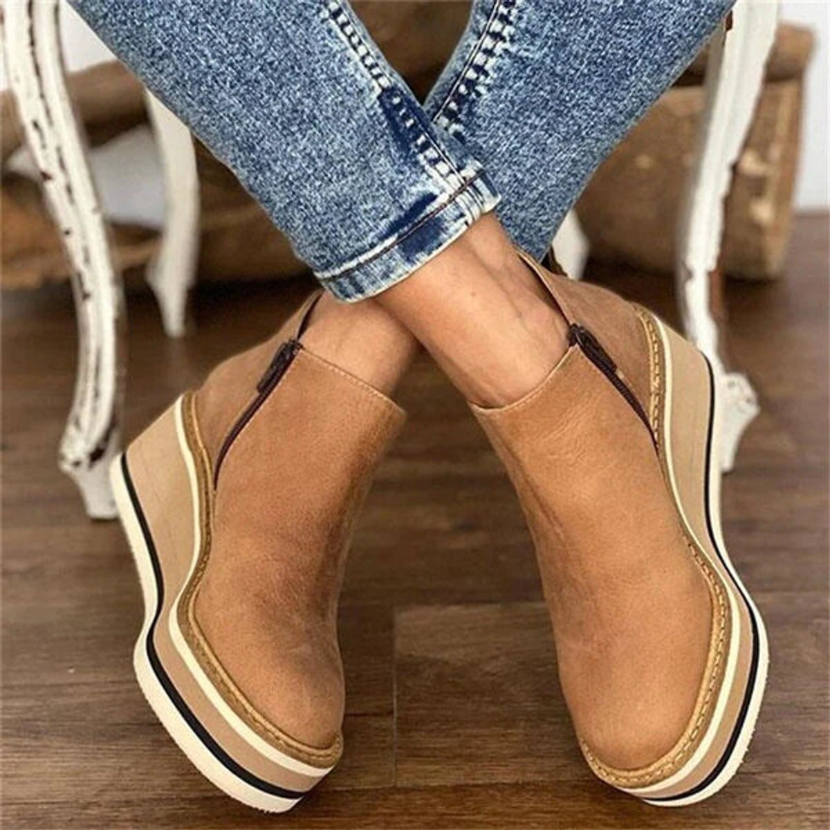 Luna Wedge Platform Zip-Up Ankle Boots, sole view