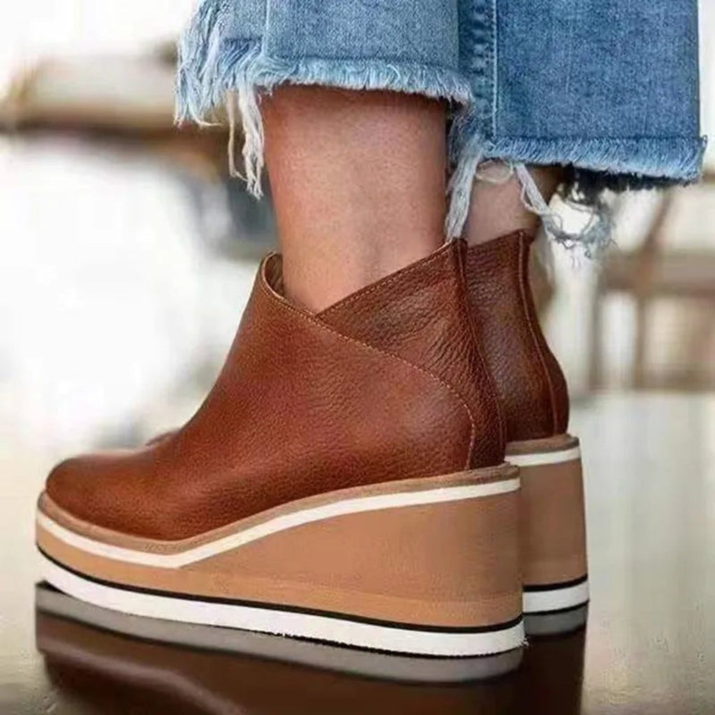 Luna Wedge Platform Zip-Up Ankle Boots, styled view