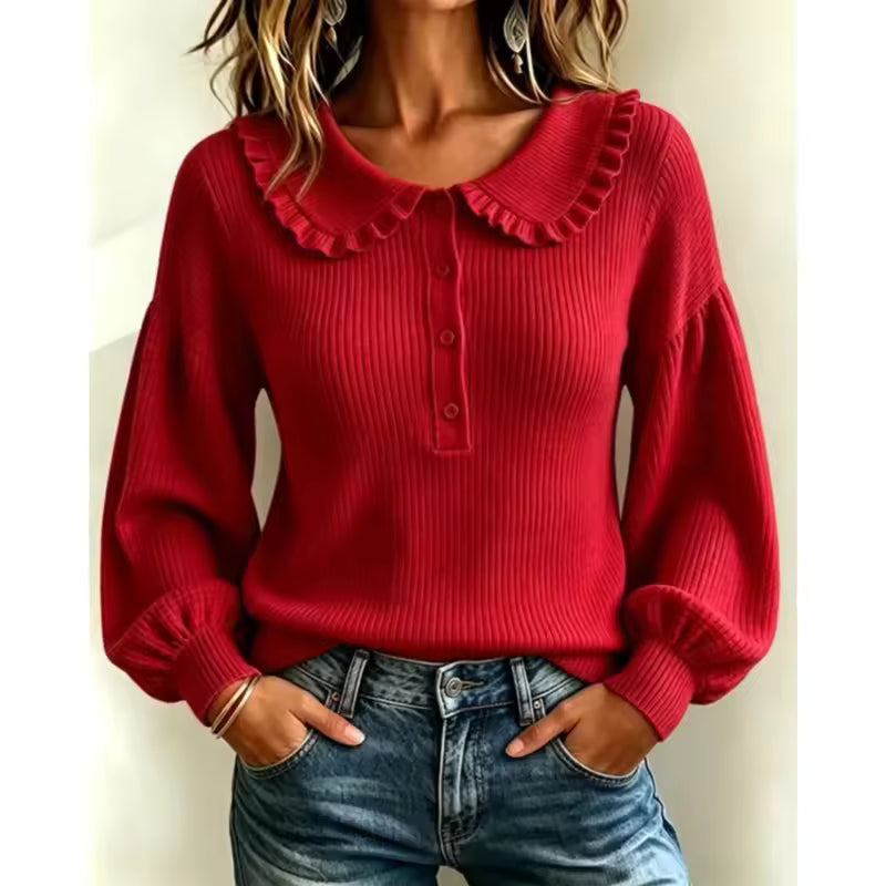 Lydia Red ribbed knit sweater with ruffled collar, button placket, and long puff sleeves