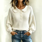 Lydia ribbed knit sweater with ruffle collar, long puff sleeves, and button placket