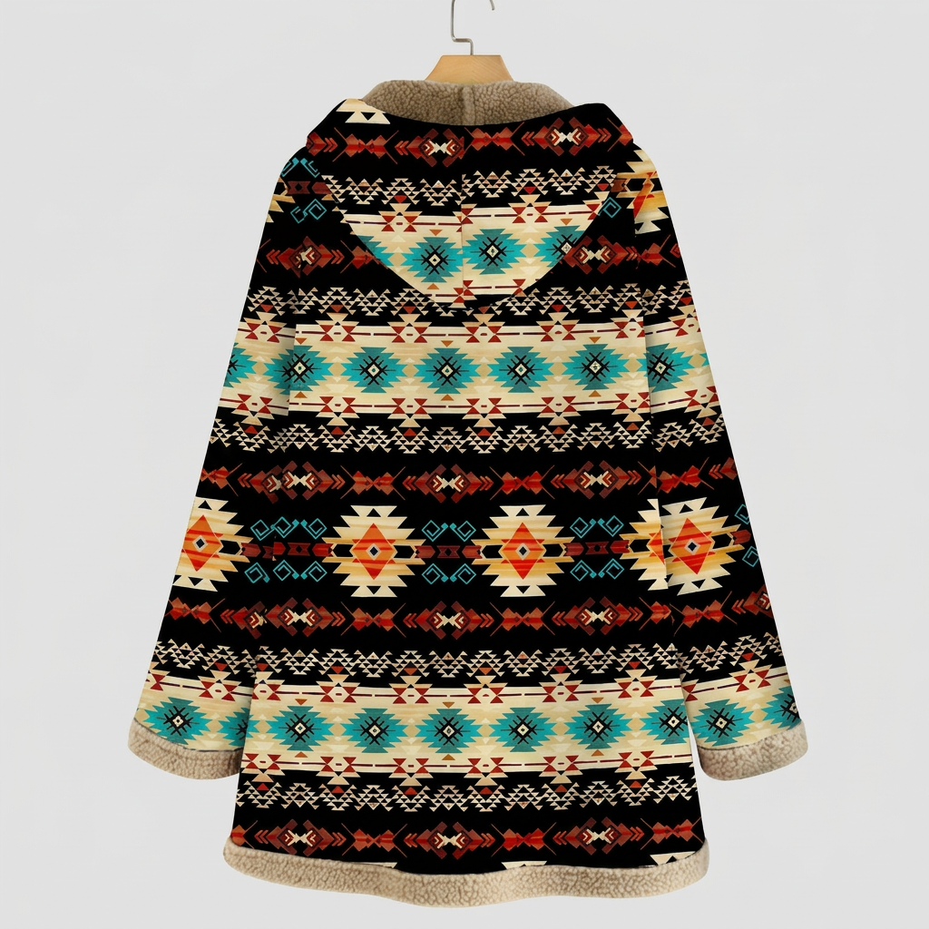 Mabel Beige patterned hooded coat shown from the back with an attached hood, geometric pattern, long sleeves, and relaxed silhouette