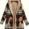 Mabel Beige patterned hooded coat with plush lining, button-front closure, long sleeves, geometric detailing, and front pockets