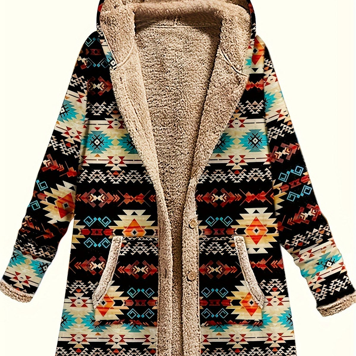 Mabel Beige patterned hooded coat with plush lining, button-front closure, long sleeves, geometric detailing, and front pockets