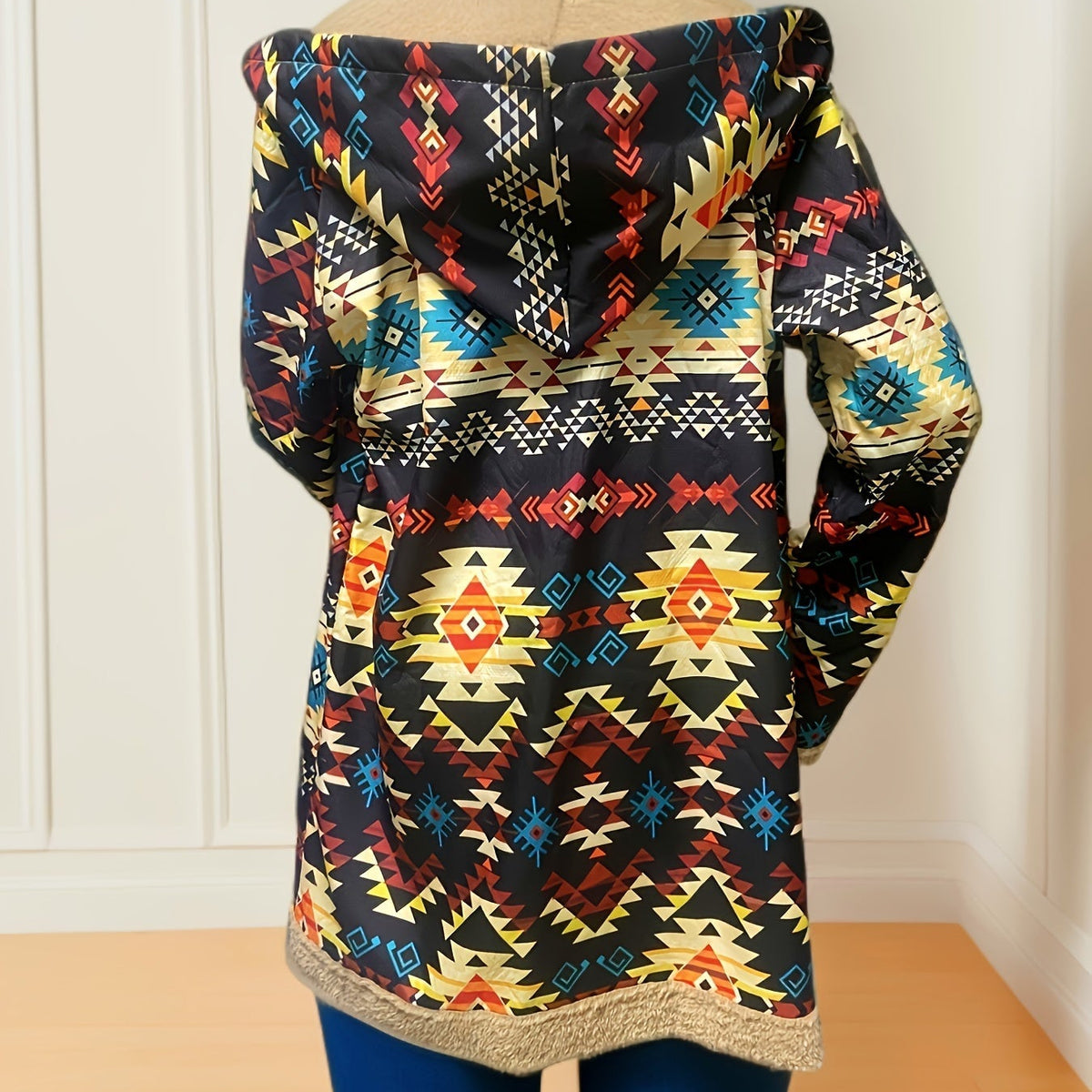Mabel Beige patterned hooded coat shown worn from the back with an attached hood, bold geometric detailing, and a relaxed everyday fit