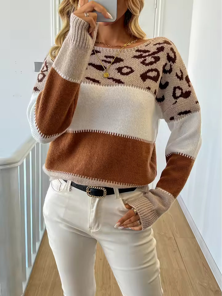 Mabel Brown leopard print colorblock sweater with crew neckline, long sleeves, and ribbed cuffs