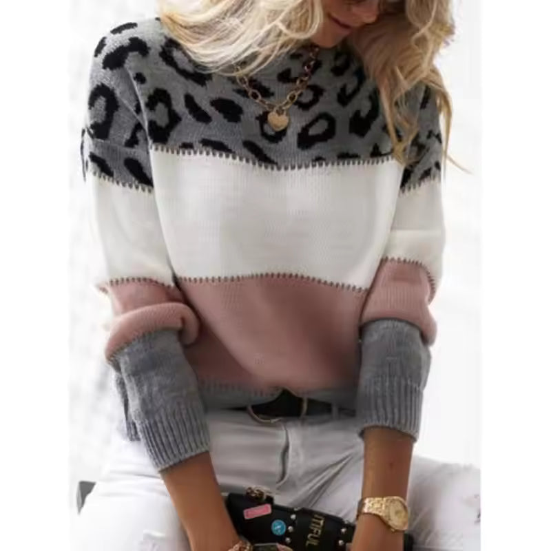 Mabel Pink leopard print colorblock sweater with contrasting panels and ribbed cuffs