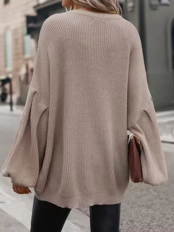 Madeline Khaki oversized sweater with dropped shoulders, voluminous balloon sleeves, and relaxed silhouette, shown from the back