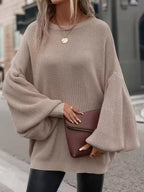 Madeline Khaki oversized ribbed knit sweater with round neckline, balloon sleeves, and relaxed fit