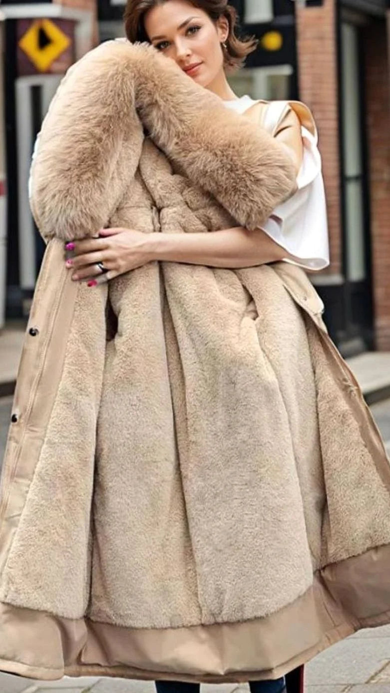 Madison Beige hooded parka featuring a plush faux-fur collar, adjustable waist belt, long sleeves, and front pockets