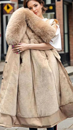 Madison Beige hooded parka featuring a plush faux-fur collar, adjustable waist belt, long sleeves, and front pockets