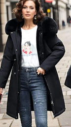 Madison Black winter parka coat with a plush faux-fur hood, front pockets, long sleeves, and a relaxed silhouette