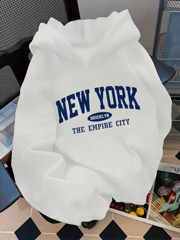 Madison Gray pullover hoodie with bold New York chest graphic, long sleeves, and relaxed silhouette