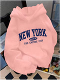 Madison Pink pullover hoodie with New York graphic lettering, long sleeves, relaxed fit, and kangaroo pocket