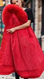 Madison Red winter parka coat with oversized faux-fur hood, long sleeves, front pockets, and a long silhouette
