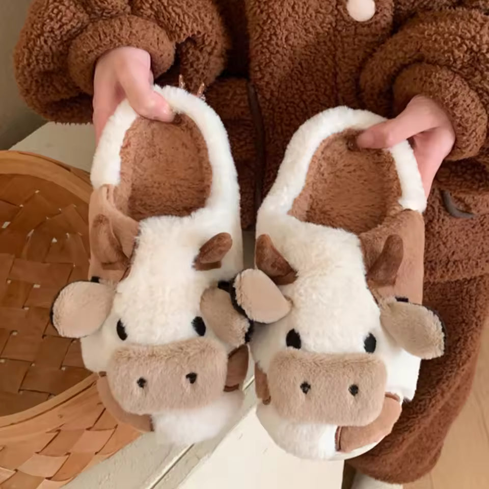 Maisie Dark Brown cow plush slippers with soft lining and dimensional cow face details