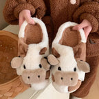 Maisie Dark Brown cow plush slippers with soft lining and dimensional cow face details