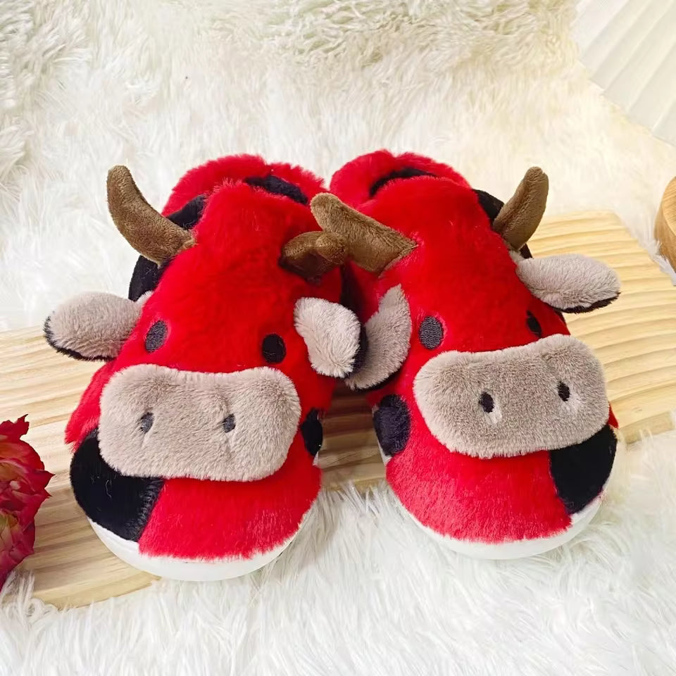 Maisie Red cow plush slippers with closed-toe design and playful cow details