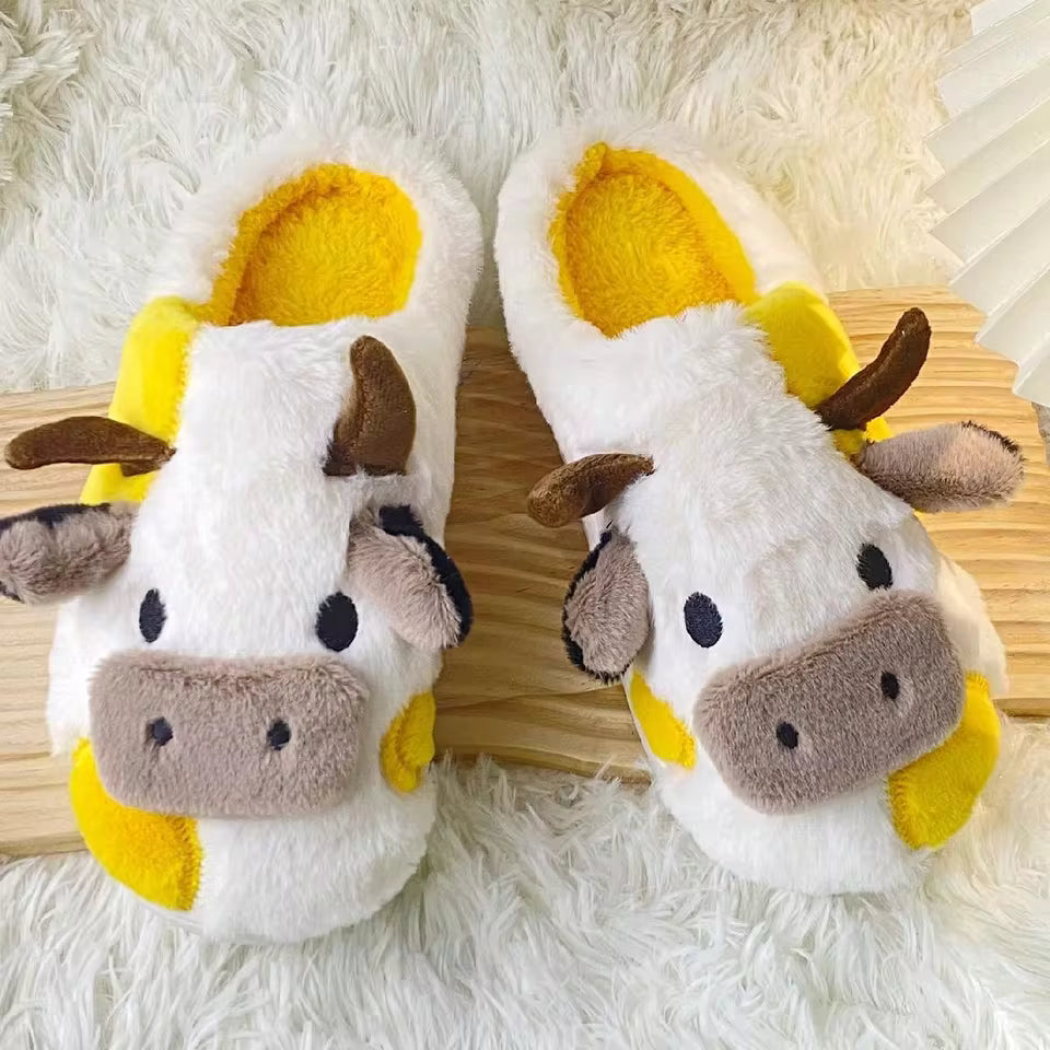 Maisie Yellow cow plush slippers with slip-on design and dimensional animal details