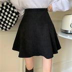 Mara Black corduroy mini skirt with high-waist A-line flared design