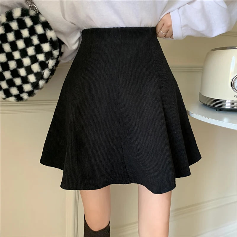 Mara Black corduroy mini skirt with high-waist A-line flared design