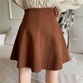 Mara Brown corduroy mini skirt with high waist and flared A-line silhouette