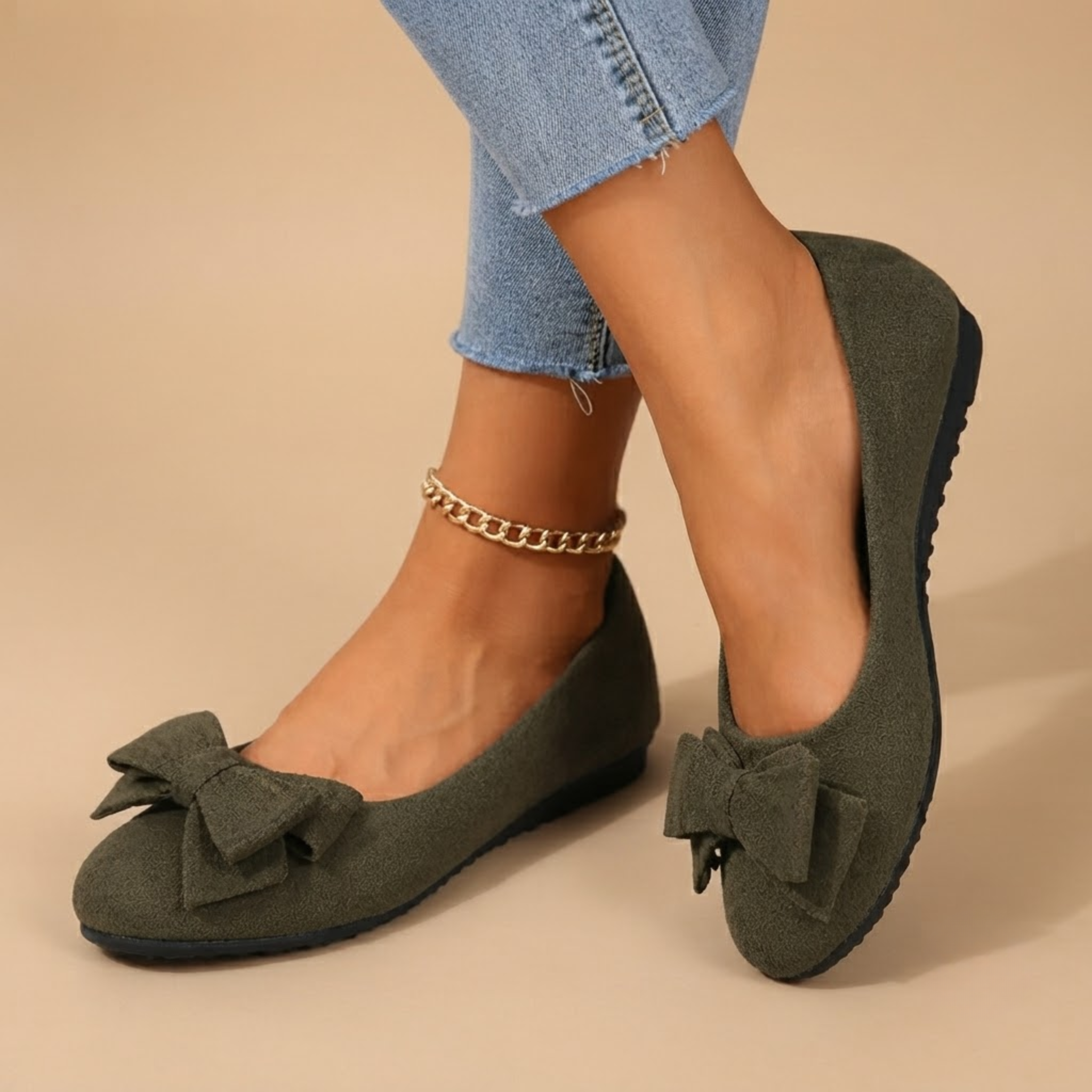 Marceline Ballet Flats Faux Suede Bow-Detail in Dark Green shown in front view, featuring a soft faux suede upper, delicate bow detail, classic round toe, cushioned insole, and elegant ballet flat silhouette, designed by Bella Hudson.