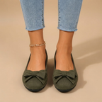 Marceline Ballet Flats Faux Suede Bow-Detail in Dark Green shown in top view, featuring a delicate bow detail, round toe, cushioned footbed, and soft faux suede construction, designed by Bella Hudson.