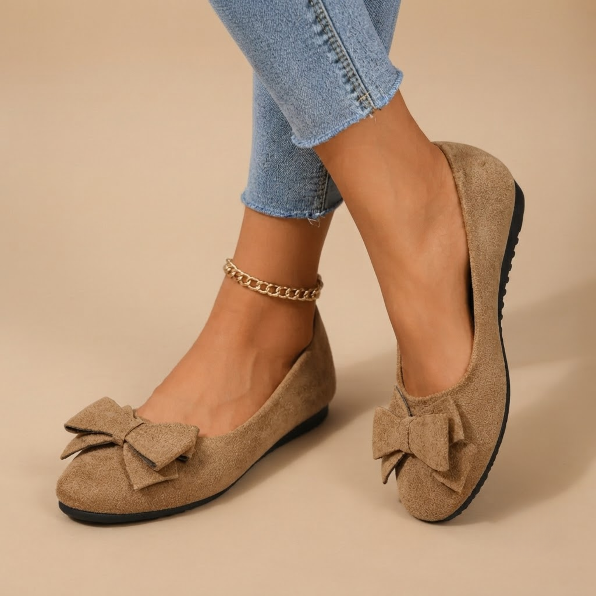 Marceline Ballet Flats Faux Suede Bow-Detail in Light Brown shown in front view, featuring a soft faux suede upper, elegant bow detail, classic round toe, cushioned insole, and timeless ballet flat silhouette, designed by Bella Hudson.
