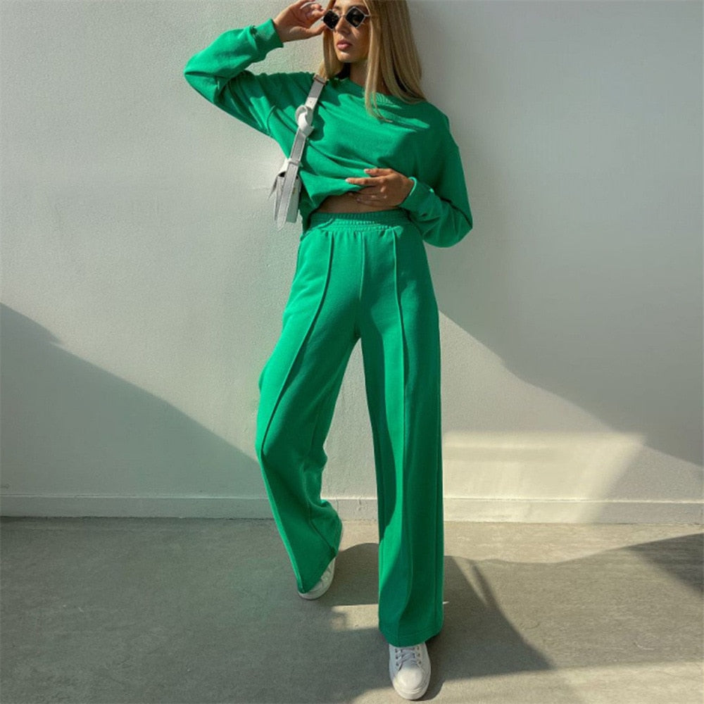 Marceline Relaxed Wide-Leg Two-Piece Set, Green