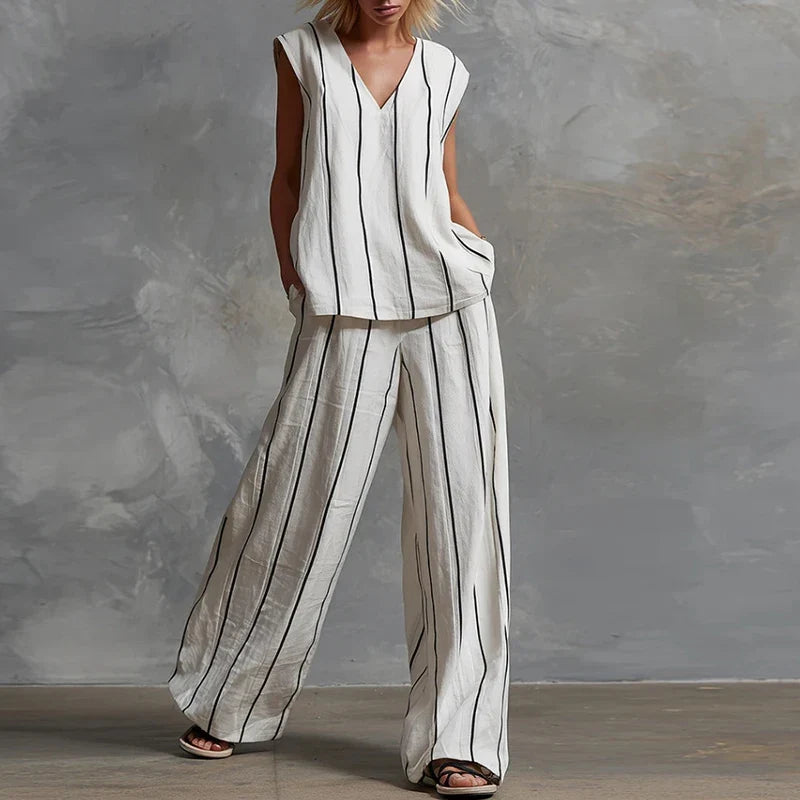 Marcelline V-neck top and wide leg pant set, view 1
