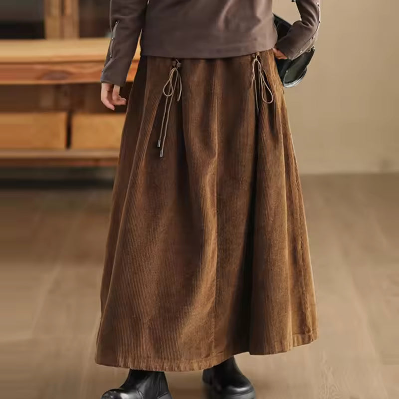 Maren Brown corduroy maxi skirt with flowing A-line silhouette