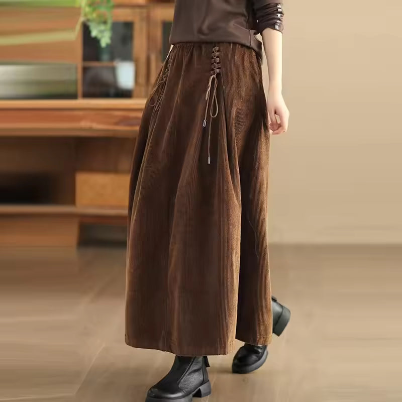 Maren Brown corduroy maxi skirt with high waist and adjustable drawstring