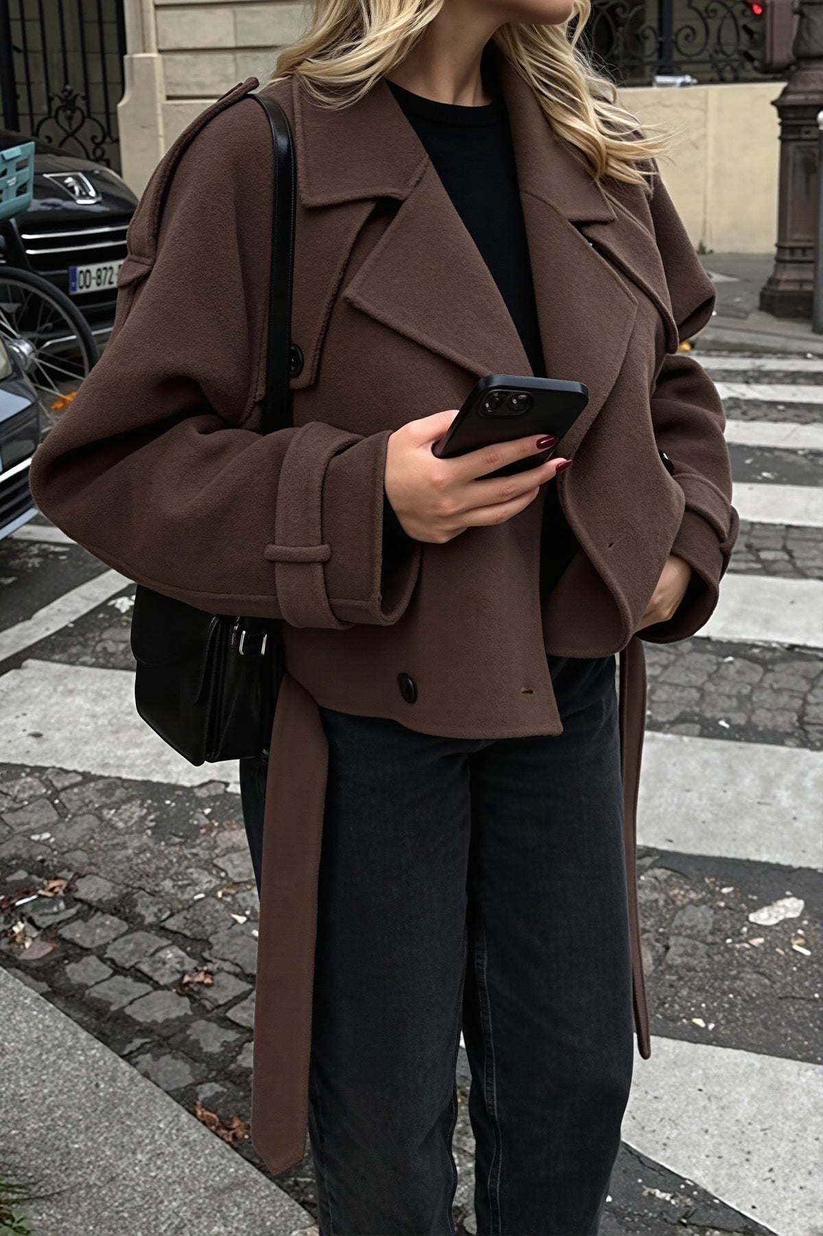 Maren Dark Brown double-breasted cropped jacket worn open with a black top and straight-leg jeans.