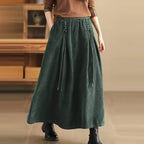 Maren Green corduroy maxi skirt with adjustable drawstring and long A-line silhouette