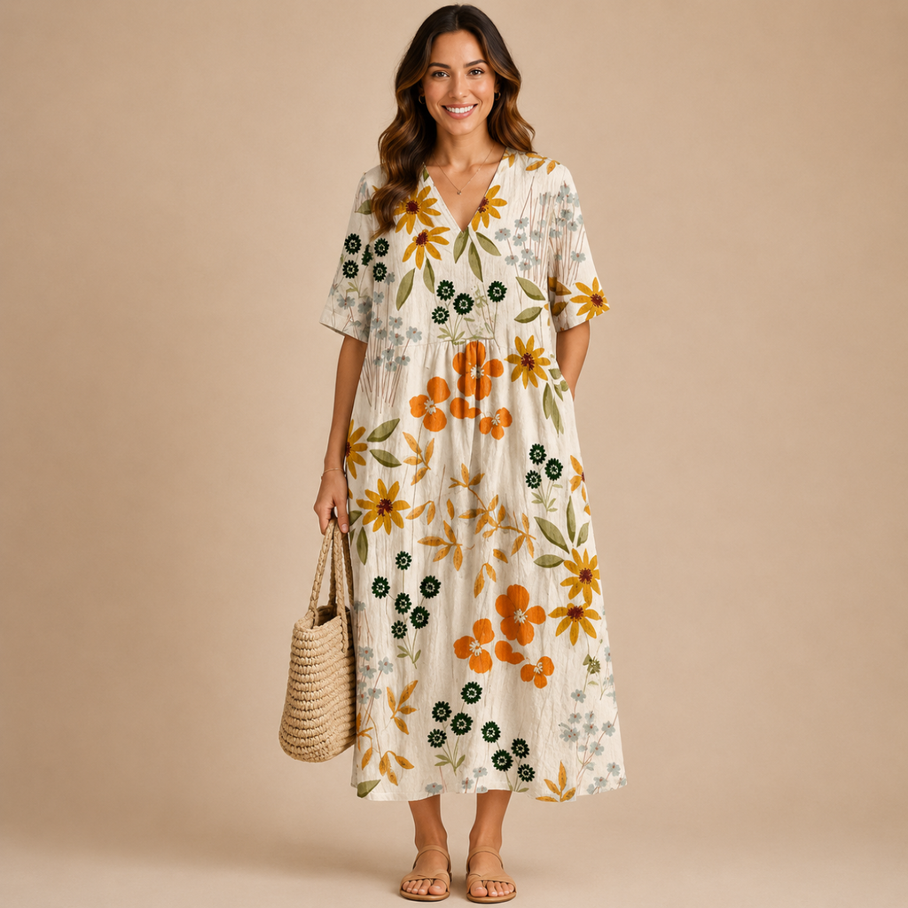 Front view of the Margot Floral-Print Lightweight Maxi Dress Boho in beige, featuring a relaxed boho silhouette, lightweight fabric, floral print, and classic collar. Designed by Bella Hudson.