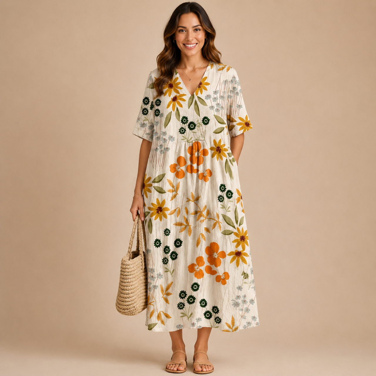 Front view of the Margot Floral-Print Lightweight Maxi Dress Boho in beige, featuring a relaxed boho silhouette, lightweight fabric, floral print, and classic collar. Designed by Bella Hudson.