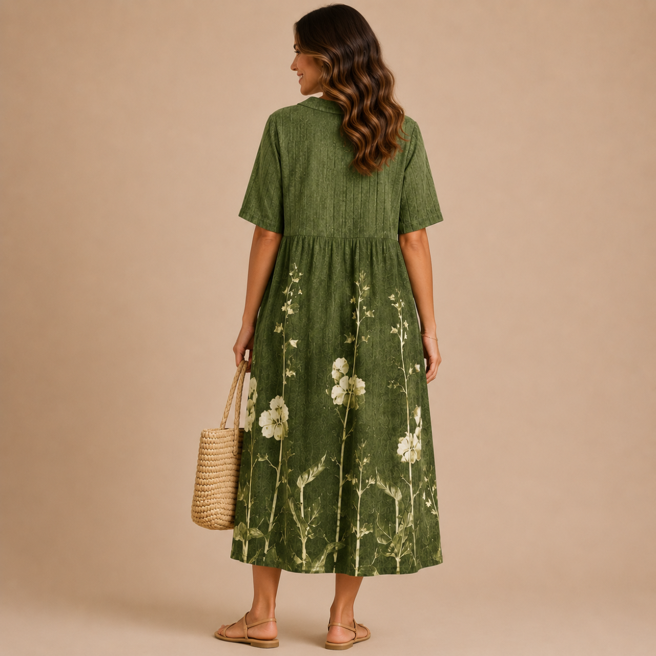 Back view of the Margot Floral-Print Lightweight Maxi Dress Boho in green, featuring a relaxed boho silhouette, lightweight fabric, floral print, and classic collar. Designed by Bella Hudson.