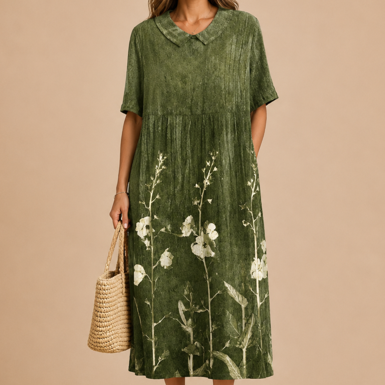 close-up view of the Margot Floral-Print Lightweight Maxi Dress Boho in green, featuring a relaxed boho silhouette, lightweight fabric, floral print, and classic collar. Designed by Bella Hudson.