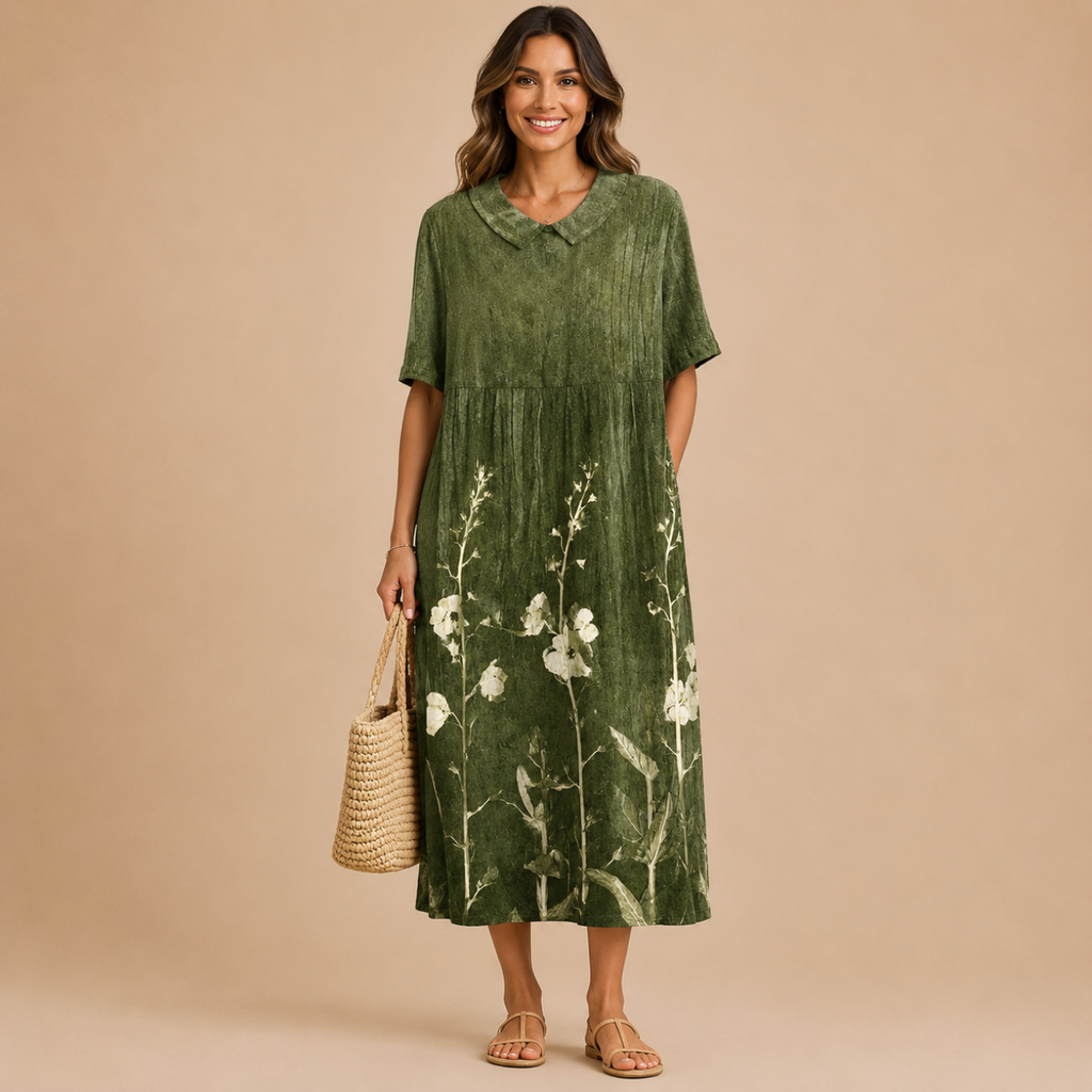 Front view of the Margot Floral-Print Lightweight Maxi Dress Boho in green, featuring a relaxed boho silhouette, lightweight fabric, floral print, and classic collar. Designed by Bella Hudson.