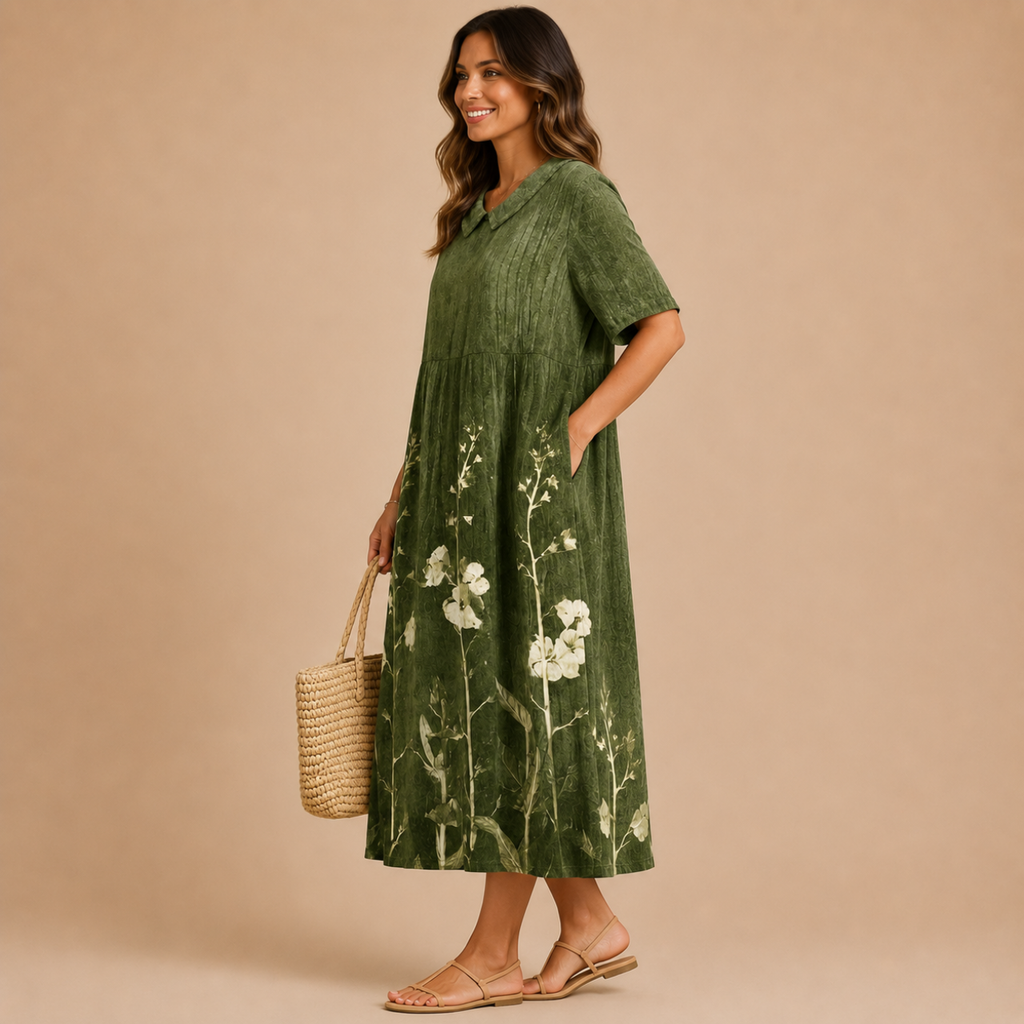 Side view of the Margot Floral-Print Lightweight Maxi Dress Boho in green, featuring a relaxed boho silhouette, lightweight fabric, floral print, and classic collar. Designed by Bella Hudson.