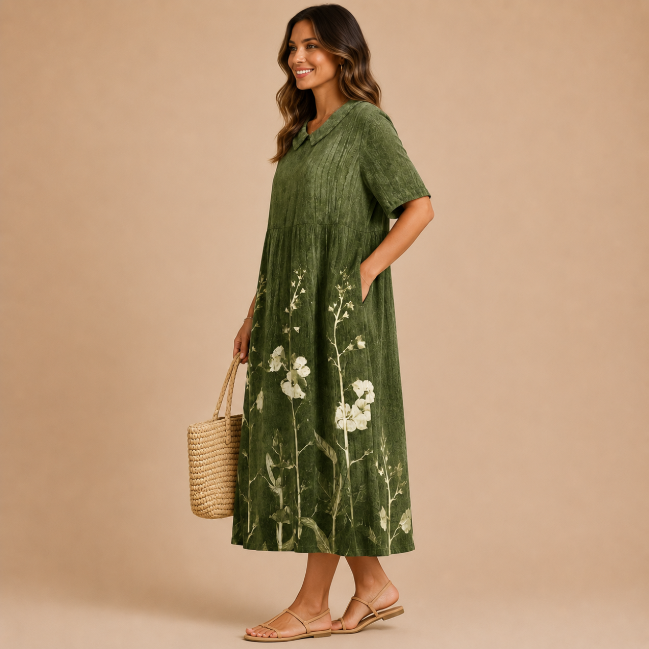 Side view of the Margot Floral-Print Lightweight Maxi Dress Boho in green, featuring a relaxed boho silhouette, lightweight fabric, floral print, and classic collar. Designed by Bella Hudson.
