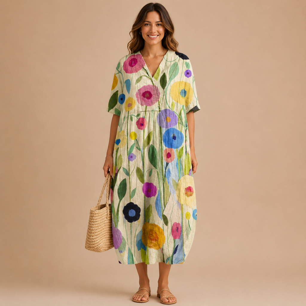 Front view of the Margot Floral-Print Lightweight Maxi Dress Boho in multi-color b, featuring a relaxed boho silhouette, lightweight fabric, floral print, and classic collar. Designed by Bella Hudson.