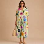 Front view of the Margot Floral-Print Lightweight Maxi Dress Boho in multi-color b, featuring a relaxed boho silhouette, lightweight fabric, floral print, and classic collar. Designed by Bella Hudson.