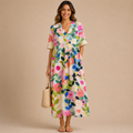 Front view of the Margot Floral-Print Lightweight Maxi Dress Boho in multi-color, featuring a relaxed boho silhouette, lightweight fabric, floral print, and classic collar. Designed by Bella Hudson.