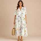 Front view of the Margot Floral-Print Lightweight Maxi Dress Boho in white, featuring a relaxed boho silhouette, lightweight fabric, floral print, and classic collar. Designed by Bella Hudson.