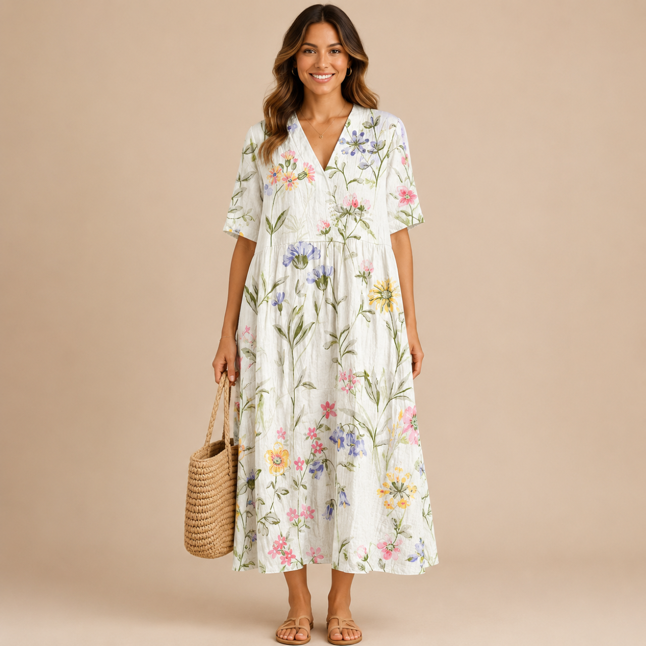 Front view of the Margot Floral-Print Lightweight Maxi Dress Boho in white, featuring a relaxed boho silhouette, lightweight fabric, floral print, and classic collar. Designed by Bella Hudson.