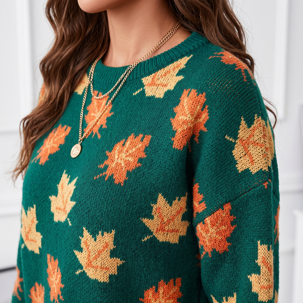 Close-up view of the Marguerite Sweater Leaf-Print Crew-Neck in green, highlighting the round crew neckline, knit texture, and orange and yellow autumn leaf pattern. Designed by Bella Hudson.