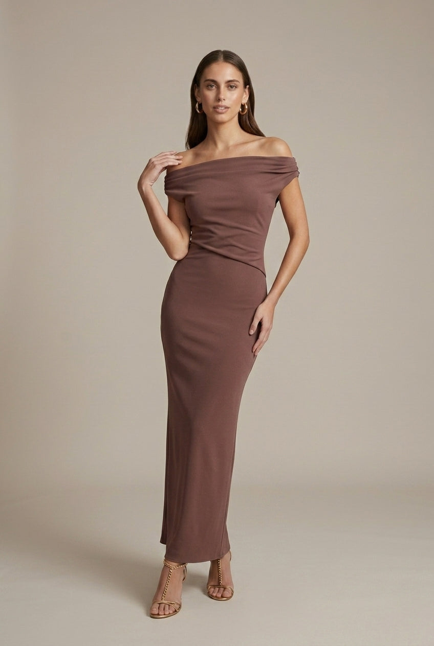 Marielle evening mesh off-shoulder maxi dress, Brown